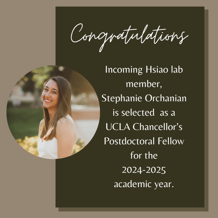 Congratulations to incoming Elaine Hsiao lab member, Stephanie Orchanian. She has been selected as a UCLA Chancellor’s Postdoctoral Fellow for the 2024-2025 academic year.