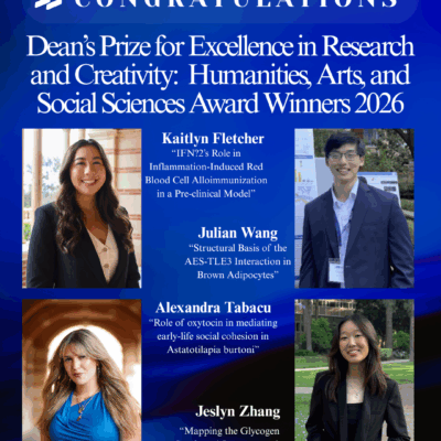 Congratulations to our Dean’s Prize for Excellence in Research and Creativity: Humanities, Arts, and Social Sciences Award Winners 2026