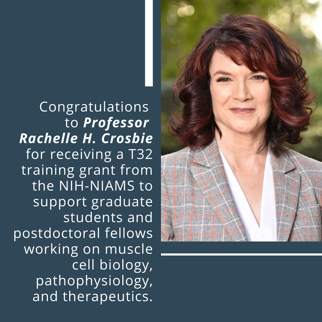 Congratulations to Professor Rachelle H. Crosbie for receiving a T32 training grant from the NIH-NIAMS  to support graduate students and postdoctoral fellows working on muscle cell biology, pathophysiology, and therapeutics.